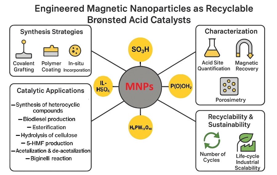 Engineered magnetic nanoparticles as recyclable Br&oslash;nsted acid catalysts: Advances in particle design and applications in organic transformations 