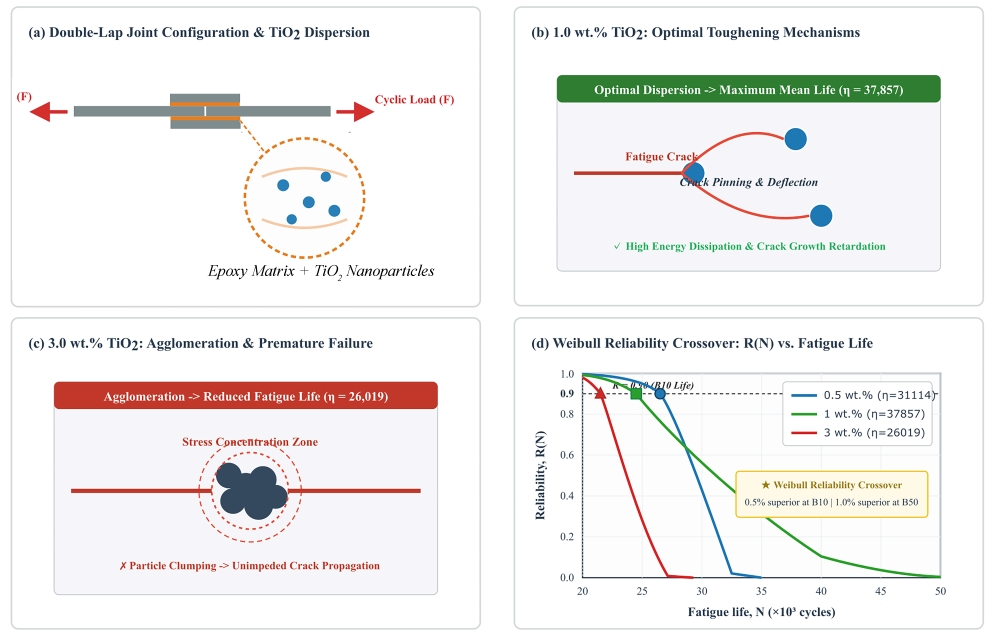 Role of TiO<sub>2</sub> nanoparticles as particulate fillers in epoxy adhesives: Toughening mechanisms <em>vs.</em> agglomeration effects under fatigue loading